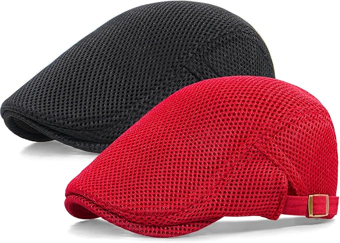 2 Pack Men's Mesh Cap Breathable Summer Newsboy Hat Adjustable Beret Ivy Cap Irish Cabbie Driving Hunting Hats