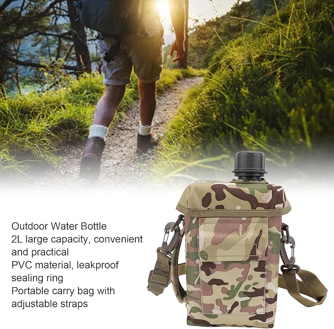 Zunate Outdoor Water Bottle - 2L Portable Water Canteen with Waist Bag, Multi Fuctional PVC Flat Camping Water Bottle for Surplus or Bushcraft Gear (CP)