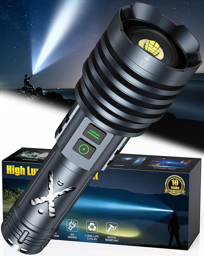Rechargeable LED Flashlights 5800 High Lumens, Super Bright High Powered Flashlight Long Range W/2 Buttons, Zoomable 12Modes & IP67 Waterproof, Powerful & Strong Handheld Flashlights for Home Camping