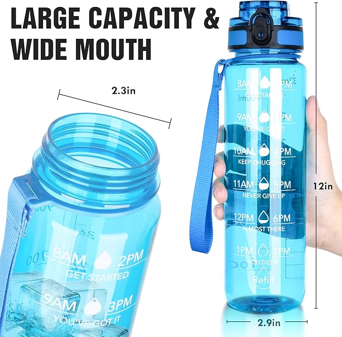 OLDLEY Water Bottle, 32oz Motivational Sports Water Bottle with Time Marker - Times to Drink - Tritan, BPA Free, Wide Mouth Leakproof, Glacial Blue (1 Bottle)