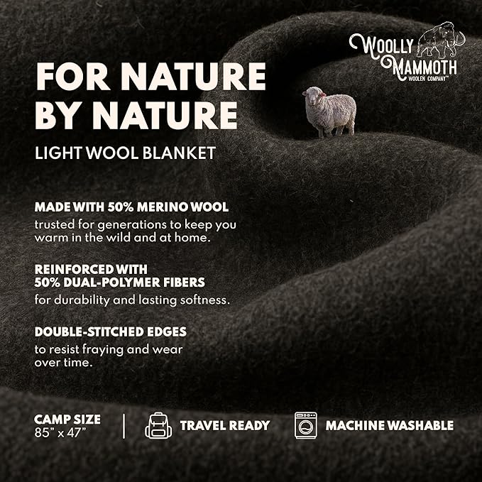 Woolly Mammoth Woolen Company Nester Wool Blanket - Twin, 85 x 47 in, Grey - Rugged Warmth for Camping - Versatile Comfort Wool Throw - Machine Washable for Picnic Blanket
