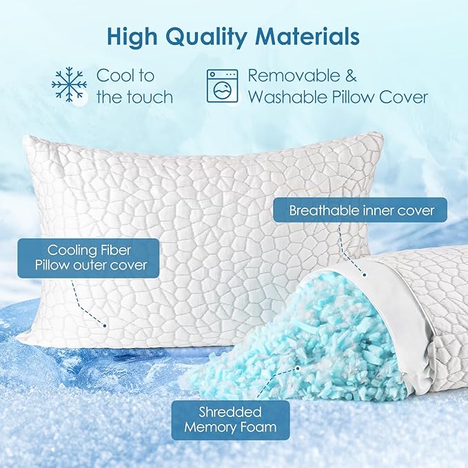 Cooling Pillows King Size Set of 2, Firm Shredded Memory Foam Pillows for Side Back Stomach Sleepers, Two-Sided Cool Neck Pillow for Neck Shoulder Pain, Luxury Gel Cold Bed Pillow for Hot Sleepers