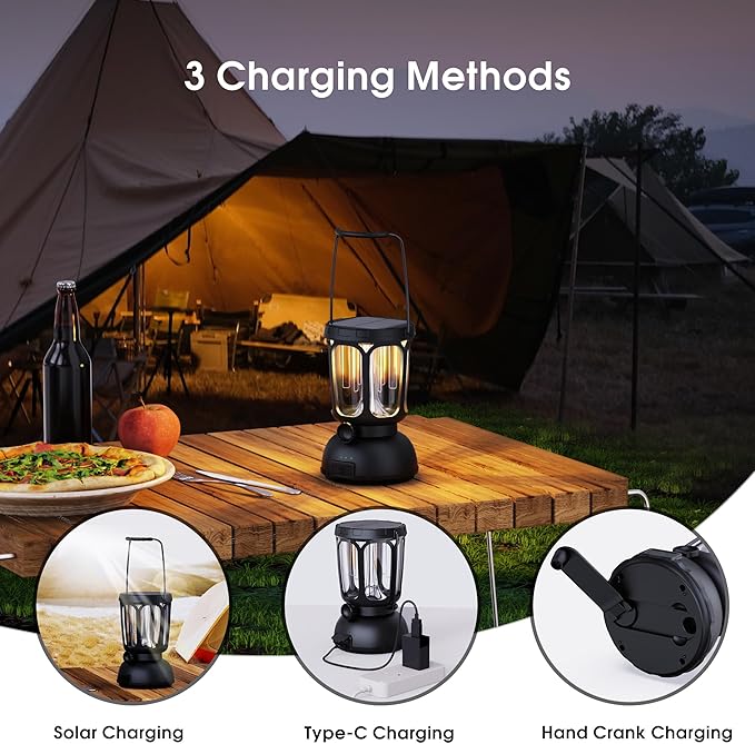 Mesqool Camping Lantern Rechargeable Battery 6000mAh, 650LM LED Lanterns for Power Outages Emergency Hurricane, Solar Hand Crank Lantern for 200 Hours