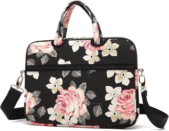 kayond Black Rose Patten water-resistant Laptop Shoulder Messenger Bag Case Sleeve for 14 Inch 14.1 Inch Laptop