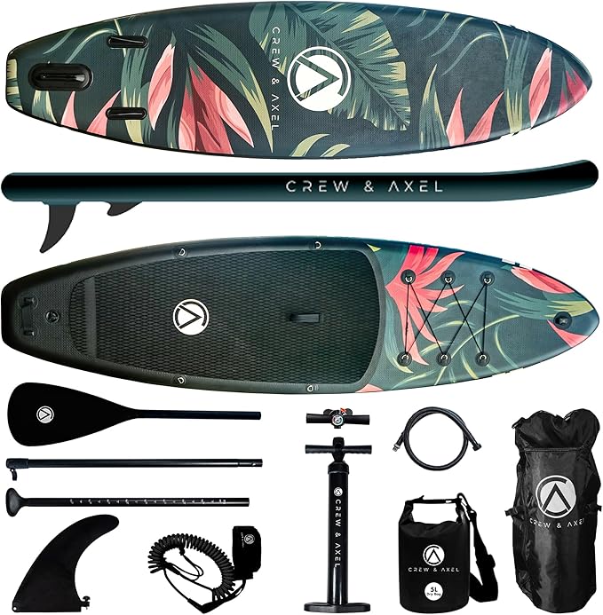 Crew Axel Inflatable Paddle Board 10’33’6” Extra Wide & Lightweight (18lb) Paddle Board – Premium SUP Set Includes 2 Bags, Floating Paddle, Camera Mount, 3 Fins, Dual Pump Kit
