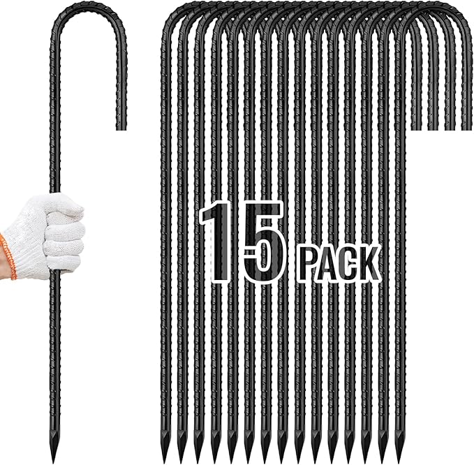 Rebar Stakes 12 Inch, Ground Stakes Heavy Duty J-Hook Black Coated Anti-Rust Heavy Duty Ground Anchors for Garden Dog Fence Chicken Coop Christmas Decorations Deer Fence 15pcs