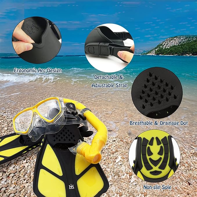 Kids Mask Fins Snorkel Set Snorkeling Packages, with Diving Mask, Snorkel, Adjustable Swim Fins, Mesh Bag, Anti-Fog Anti-Leak Snorkeling Gear for Kids for Snorkeling Swimming Diving