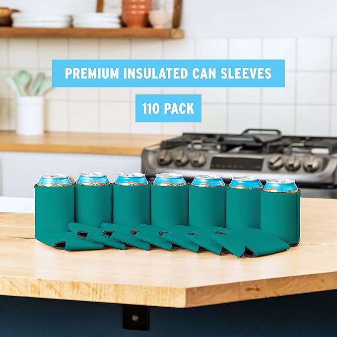 Blank Beer Can Cooler Sleeves (110-Pack) Soft Insulated Beer Can Coolies - HTV Friendly Blank Koolies in Bulk for Beer Cans & Bottles - Coolie Blanks for Vinyl Projects & Wedding Favors (Teal)