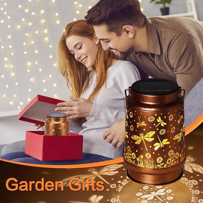 2 Pack Dragonfly Solar Lanterns Outdoor Waterproof Rose Garden Decor Gifts for Women Mom Grandma Hanging Solar Lights Metal Lantern Decoration Outside for Yard,Patio,Backyard,Porch