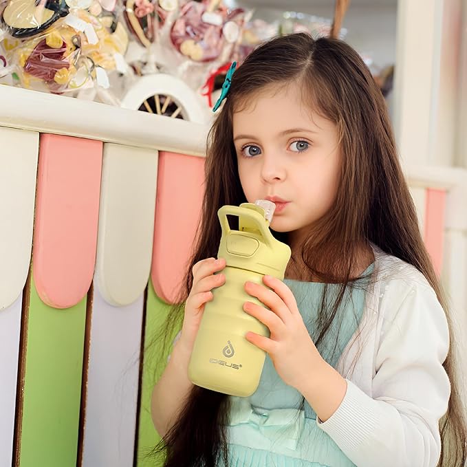 IDEUS Insulated Water Bottle 12oz, Stainless Steel Insulated Water Bottle For School, Insulated Bottles With Straws Leakproof, Vacuum Double Wall Water Bottles For Boys And Girls With 2 Lids, BPA Free