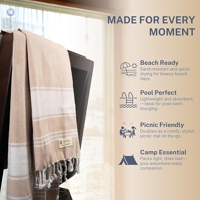Cotton Turkish Beach Towel with Towels Oversized 36"x72" Pool Absorbent Extra Large Quick Dry Sand Travel Towel (Beige, 4 Pack)
