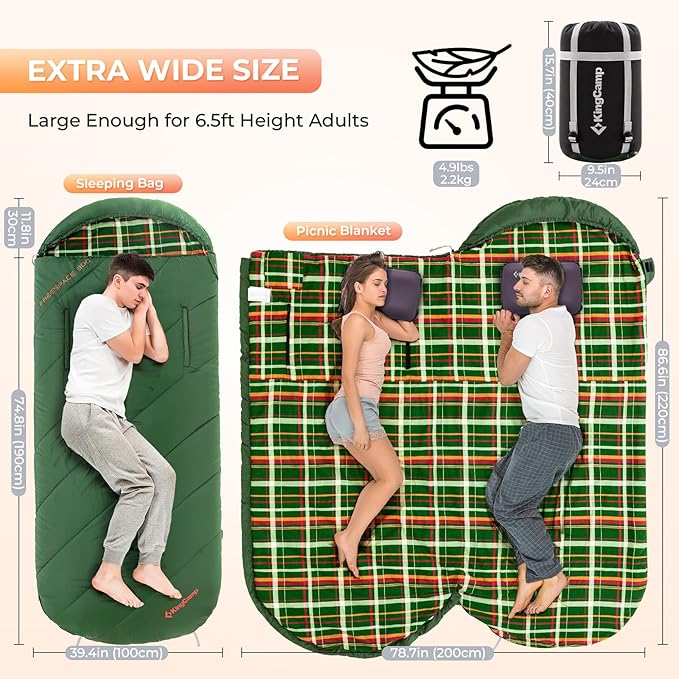 KingCamp Sleeping Bag for Adults, Cold Weather & Warm Extra Wide Big & Tall XL Portable Waterproof Flannel Sleeping Bags, Essentials Gear Accessories for Camping Backpacking Hiking Indoor & Outdoor