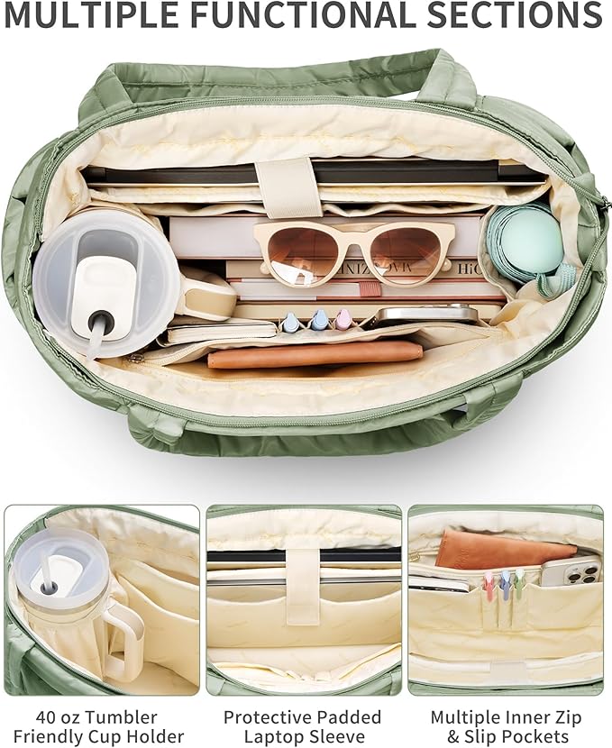 Puffer Tote Bag for Women, Lightweight Puffy Work Handbag Teacher Nurse Quilted Shoulder Bag for School Travel Gym