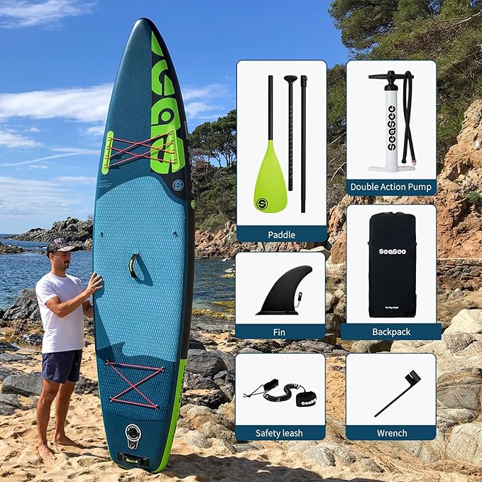 Inflatable Stand Up Paddle Board Includes Paddle, Dual Action Pump, and Accessories 11ft Lightweight iSUP, 33"*6" Wide Stable Design, Anti-Slip EVA Deck, Paddle Board for Adults