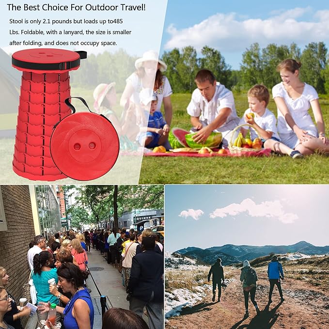 ALEVMOOM Upgraded Retractable Folding Stool Camping Stool, Collapsible Telescoping Stool for Adults, Lightweight Yet More Sturdy, Folding Seats for Camping Fishing Hiking Outdoor (red)