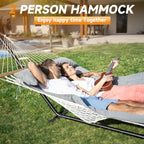 2 Person Outdoor Hammock with Stand, Cotton Rope Hammock with Polyester Pad, Adjustable Steel Frame, Portable with Carrying Bag – for Patio, Backyard, Garden, Beach, Urban-Gray