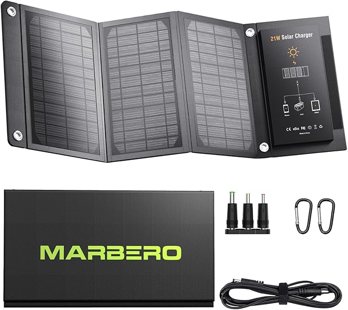 MARBERO 21W Portable Solar Panel Foldable Solar Panel Charger IP65 Waterproof Solar Panels 23% High Efficiency Fast Charger USB Ports & DC 18V Output for Camping Outdoor Travel Emergency Cloudy