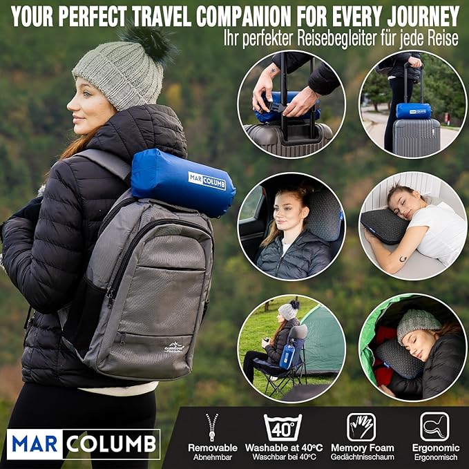 Travel & Camping Comfortable Memory Foam Pillow – Easy to Carry Portable Bag – Temperature Regulating Pillow Case - Perfect for Travelling (Grey)