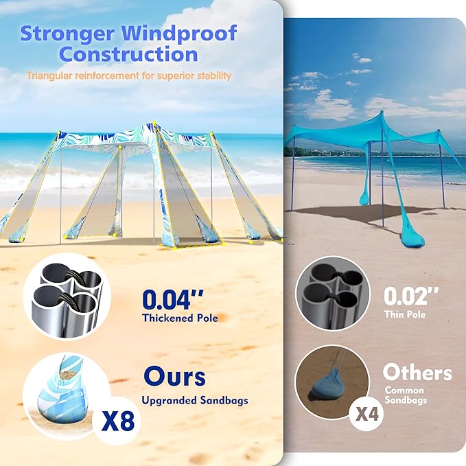2PM SPORTS Beach Tent Canopy with UPF50+ UV Protection, Outdoor Large Beach Sun Shade Shelter for Family Picnic Camping Travel Shore Fishing, 8 Sandbags, Sand Shovel (Leaf, 10x10 FT)