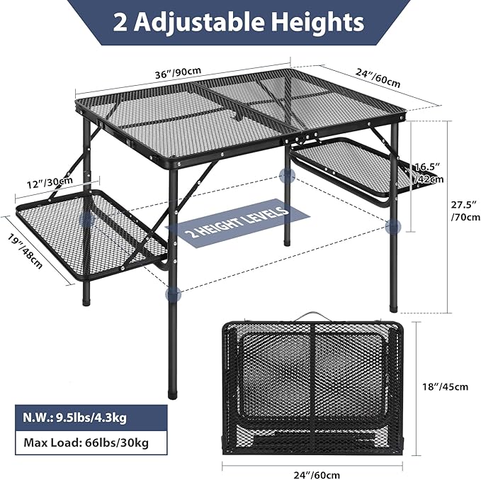 REDCAMP 36x24 Folding Grill Table for Outside with 2 Side Tables, Lightweight Portable Metal Aluminum Outdoor Grill Table with Adjustable Height Legs, Great for Camping Picnic Cooking BBQ, Black 3ft