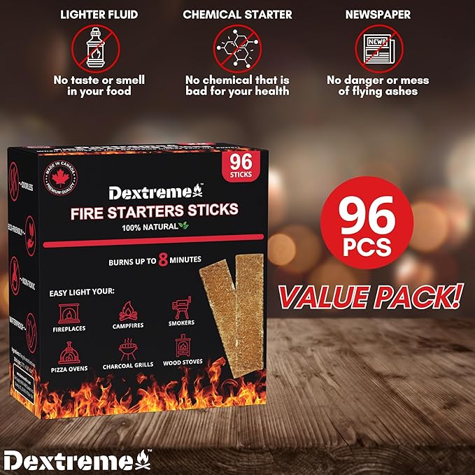 Dextreme Fire Starters Sticks 96 Pcs - Fire Starter for Campfire, Charcoal, BBQ, Grill Pit, Fireplace, Camping, Wood & Pellet Stove- 8 Minutes Burning Time - All weather, Odorless, Natural Firestarter