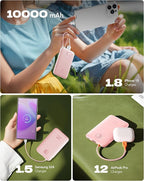Slim Portable Charger 10000mAh, Travel Power Bank with Built-in USB-C Cable & LED Display, 22.5W Fast Charging Battery Pack Compatible with iPhone 16 15 Samsung S24 S23 -Pink