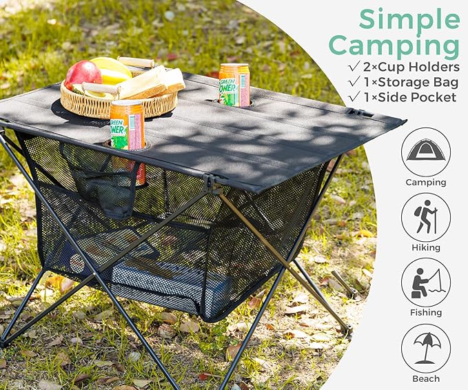Lightweight Portable Fabric Camping Table with Cup Holders - Fold Up Beach Side Table with Large Storage Basket, Collapsible & Compact for Fishing Outdoor Picnic, 29.2" W x 21.7" D (Black)
