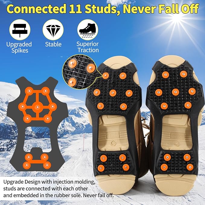 Non-Slip Ice Cleats Snow Grips, Strong Traction Crampons 11 Steel Studs, for Shoes and Boots, Snow Ice Walking
