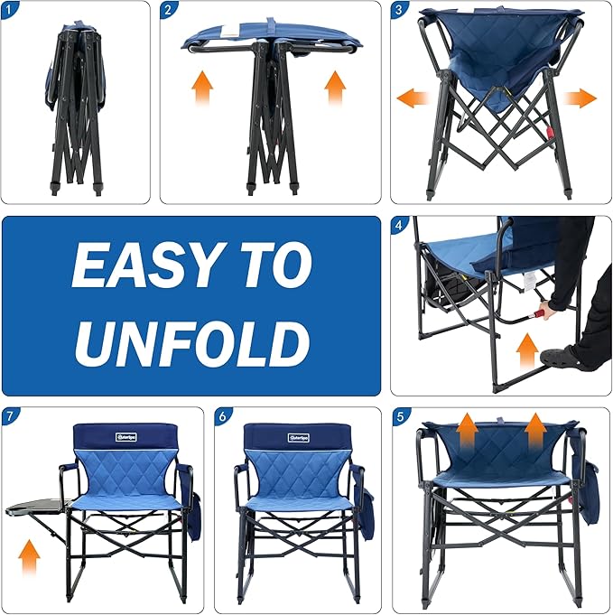Camping Folding Chairs for Outside, Foldable Camp Chairs for Adults Heavy Duty, Oversized Directors Camping Chair with Table for Picnic, Lawn Large Comfy Camping Chair, 350 LBS Capacity, Blue
