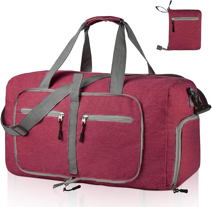Dimayar 40L Travel Duffle Bag for Men Women - Foldable Duffel Bag with Shoes Compartment - Overnight Bags Waterproof & Tear Resistant(Red)
