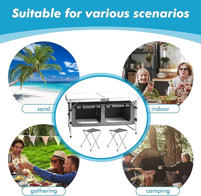 Camp Field Camping Folding Aluminum Table with Adjustable Legs for Outdoor Travel Beach, Backyards, BBQ, Party and Picnic Foldable Table