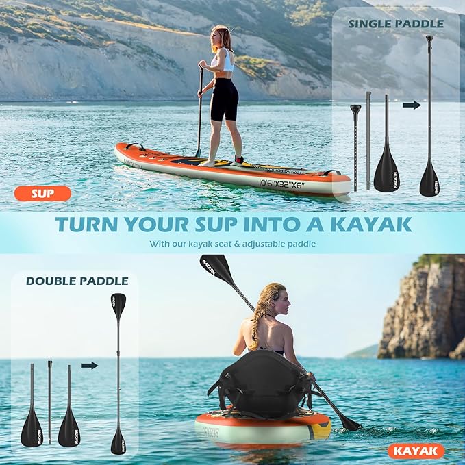 NACATIN Inflatable Stand Up Paddle Board with Kayak Seat,10'6"Upgrade Version Blow Up Paddle Boards for Adults with Premium SUP Accessories&Backpack,Adjustable Paddle,Camera Mount,Fins,Hand Pump