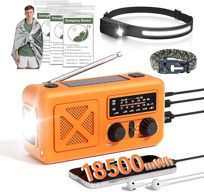Emergency Radio Hand Crank Solar, 5000mAh/18500mWh Emergency Weather Radio, Solar Crank Radios with NOAA/AM/FM, Rechargeable Headlight, Thermal Blanket, Paracord Bracele, for Outdoor & Home