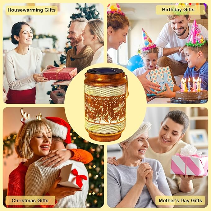 2 Pack Dragonfly Solar Lanterns Outdoor Waterproof Solar Garden Decor, Birthday Gifts for Women Mom Grandma, Metal Hanging Lights with Shepherd Hook for Outside Yard Patio Pathway Backyard Porch