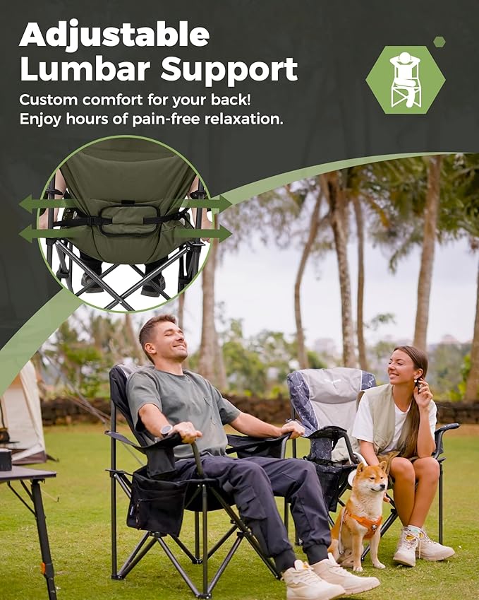 KingCamp Oversized Camping Folding Chair, Heavy Duty 450 LBS with Lumbar Support, Padded seat with Cup Holder&Cooler Bag, Ideal for Camp, Fishing, Sports Event, Backyard, Patio, Lawn