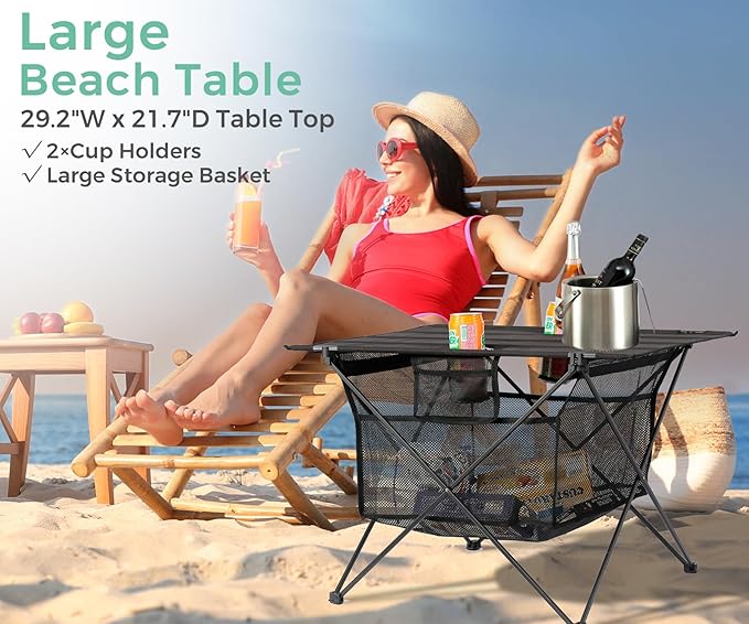 Lightweight Portable Fabric Camping Table with Cup Holders - Fold Up Beach Side Table with Large Storage Basket, Collapsible & Compact for Fishing Outdoor Picnic, 29.2" W x 21.7" D (Black)
