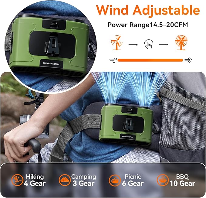 10000mAh Personal Waist Fan, USB Rechargeable Clip The Waist For Working,10 Speed & 40H Cooling and Heatstroke Prevention For Outdoor Travel Camping (K60-green, 12000mAh)