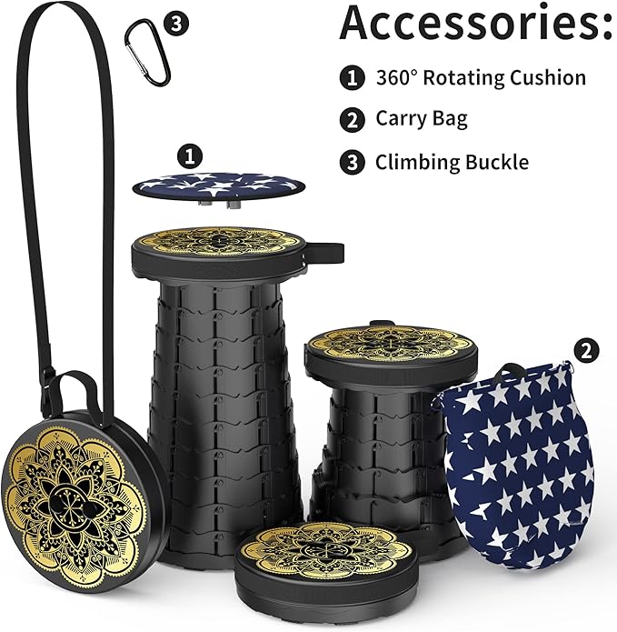 ALEVMOOM Upgraded Telescoping Collapsible Stool with Cushion, Folding Stool with Printing Portable Retractable Foldable Seat Max Load 550lbs for Adults Camping Fishing Outdoor