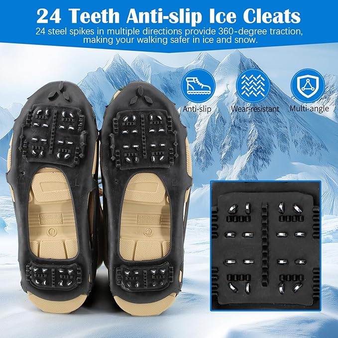 Ice Snow Traction Cleats Crampons, 28 Teeth Snow Spikes for Shoes and Boots, Rubber Anti Slip Ice Snow Grippers, Ice Cleats for Walking On Snow and Ice, Hiking, Climbing