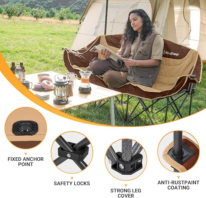 KingCamp Double Camping Chair, Oversized Heavy Duty Loveseat for Adults Portable Folding XL 2 Person Couch Padded Comfortable Two Seat with Cup Holder for Outdoor Lawn Backyard