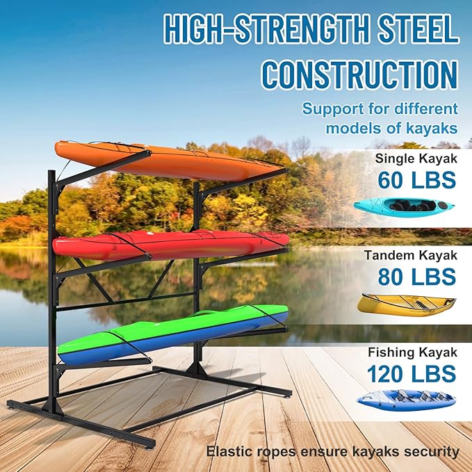 Kayak Storage Rack, Heavy Duty Freestanding Kayak Rack for Garage and Outdoor Storage, Kayak Stand Adjustable for Kayak, Canoe, Surfboard and Paddle Board