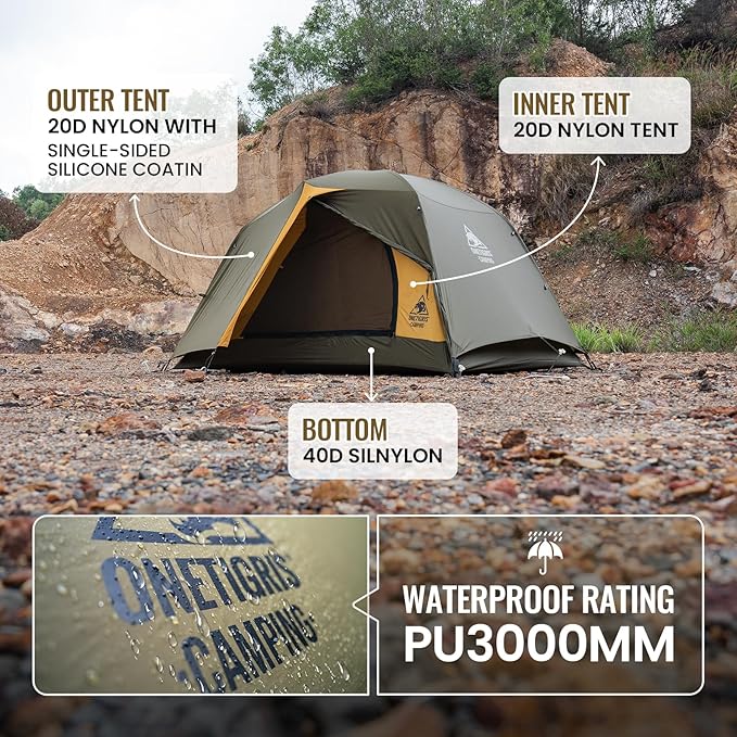 OneTigris Stella 4 Season Camping Tent Backpacking 2 Person Waterproof Lightweight Easy Setup Instant 3000mm Waterproof Rating Outdoor Hiking Tent
