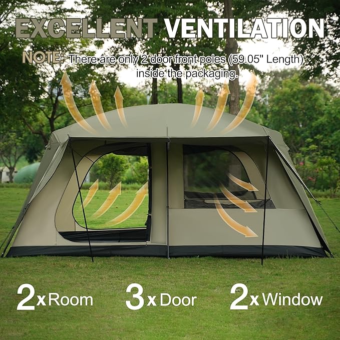 Vidalido 8-10 Person Camping Tent with 3 Door 2 Room Large Family Cabin Tents, Double Layer Waterproof Portable Glamping Tent, Big Tents for Outdoor Picnic Camping Hiking and Family Gathering