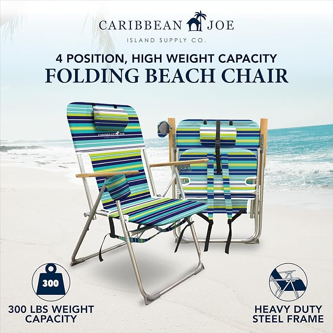 Caribbean Joe Folding Beach Chair, 4 Position Portable Backpack Foldable Camping Chair with Headrest, Cup Holder, and Wooden Armrests, 300 lb Capacity