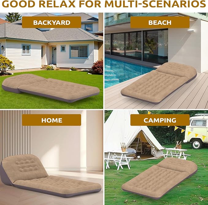 Inflatable Camping Air Mattress with Adjustable Backrest-Inflatable Lounge Sofa Chair Single Portable Bed for Home or Outdoor Relaxing