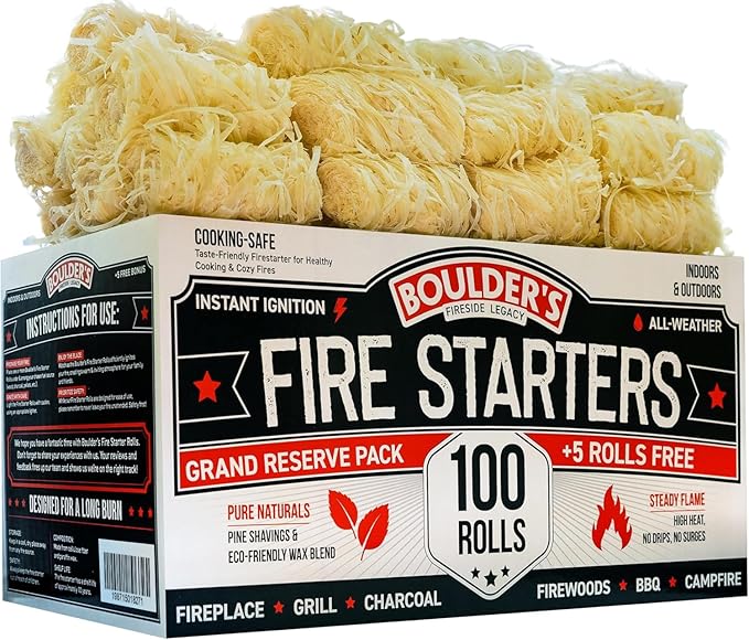 Fire Starter Rolls 100 pcs - Value Pack - Waterproof, Odorless - for BBQ, Charcoal Grills, Camping, Fire Pit, Indoor Fireplace, Wood Stove - Natural, Quick Ignition, Long Burn Charcoal Starter