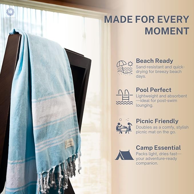 Cotton Turkish Beach Towel with Towels Oversized 36"x72" Pool Absorbent Extra Large Quick Dry Sand Travel Towel (Aqua Blue, 2 Pack)