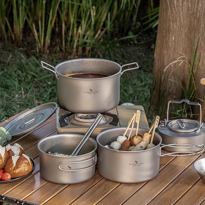 iBasingo 1.2L+1.8L+2.4L Titanium Pots Set with Lid Camping Cookware with Foldable Handle Portable Lightweight Cooking Kit Outdoor Kitchen Cooking Kit for Backpacking Hiking Picnic Fishing Ti2109C