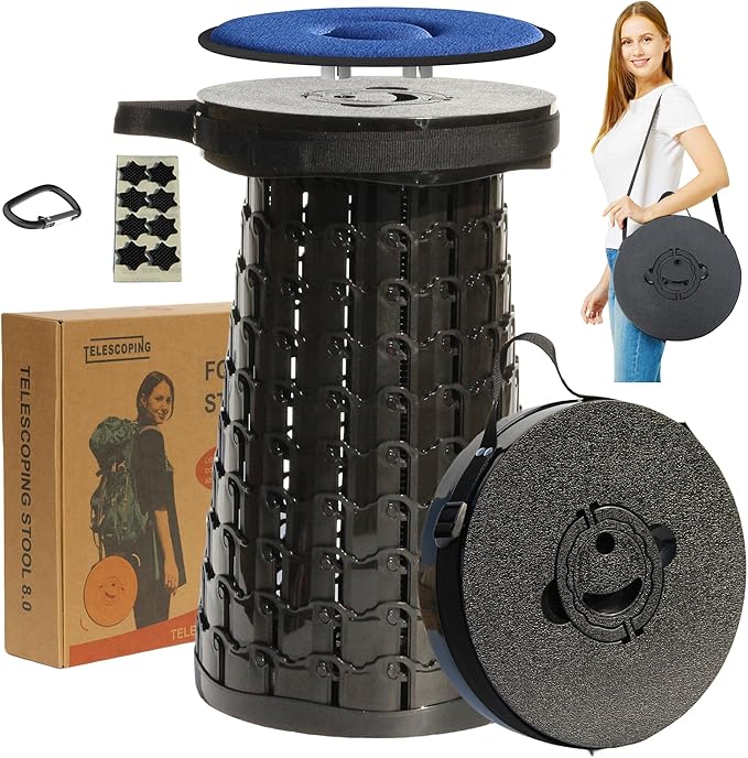 ALEVMOOM 2025 Upgraded XXL 19.7" Collapsible Stool with Cushion, 1000lbs Max Weight Heavy Duty Portable Telescoping Stool, Retractable Seat Folding Chair for Camping Fishing Hiking(Black-XXL)