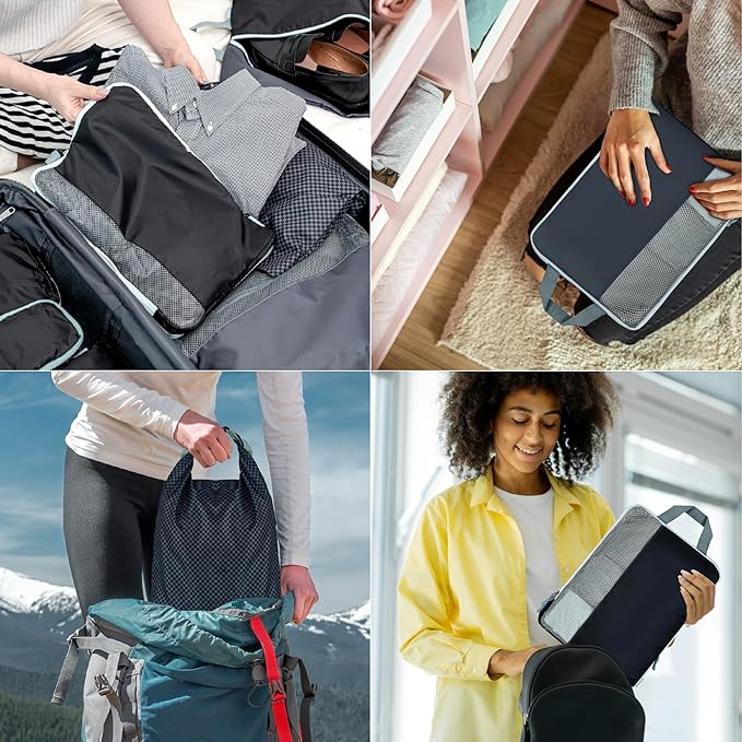 Set of 8 compression packing cubes for travel accessories- Expandable bags for clothing, toiletry, backpacks, organizing essentials (Black & Grey)